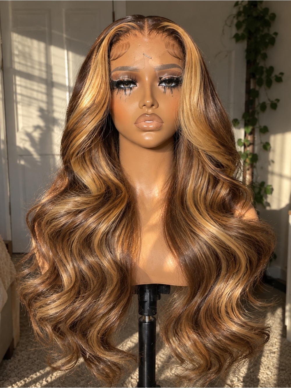 Honey Blonde Highlight Body Wave Human Hair 5x5 Closure Wig 22”